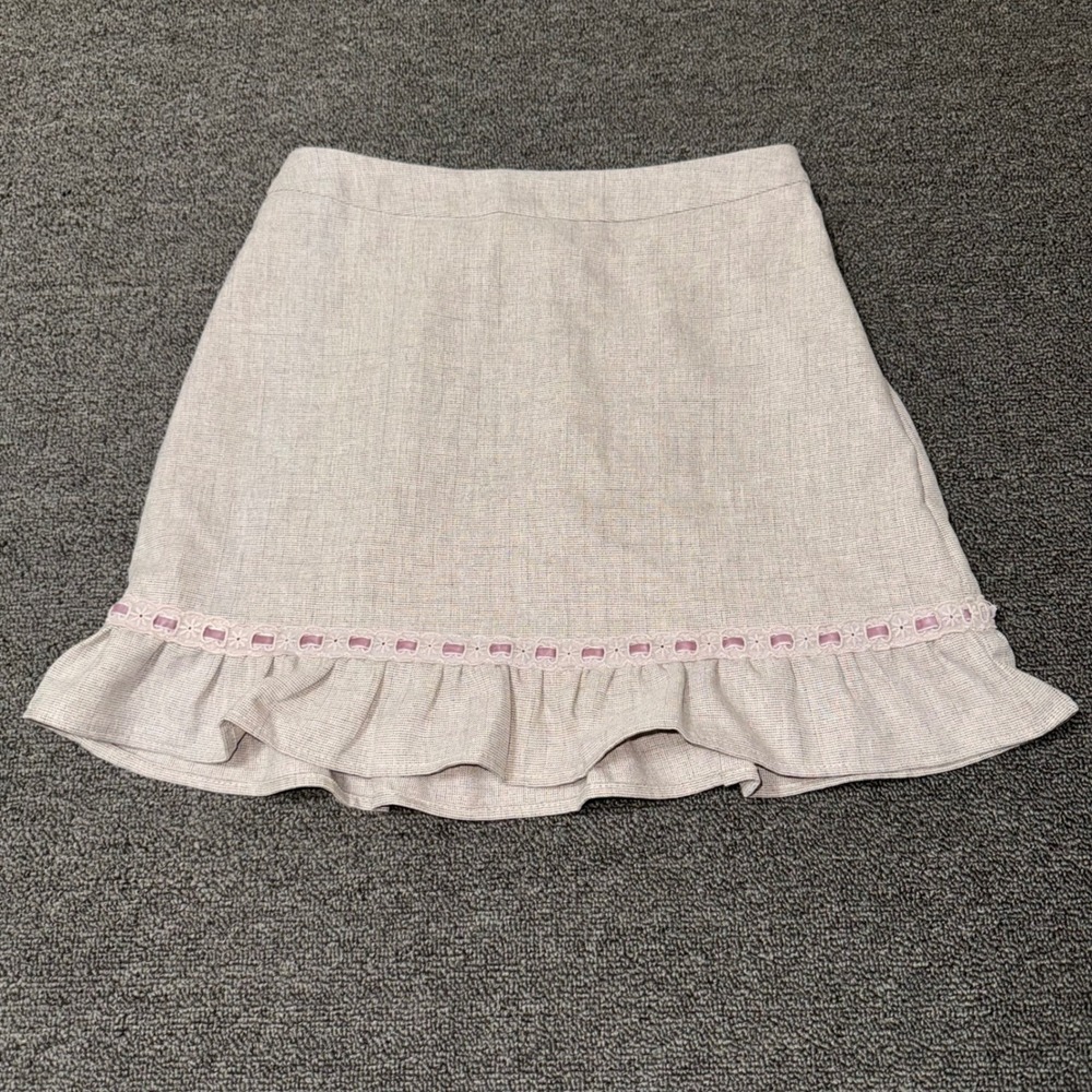 Kirious Los Angeles Beige Ruffle Mini Skirt Pink Ribbon Trim Coquette Size Small